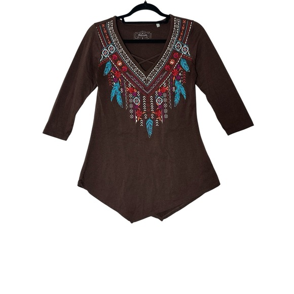 Panhandle Tops - Panhandle Womens Top‎ Small Brown Floral Embroidered Long Sleeve Rodeo Cowgirl